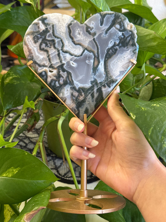 Large Statement Moss Agate Heart on Stand