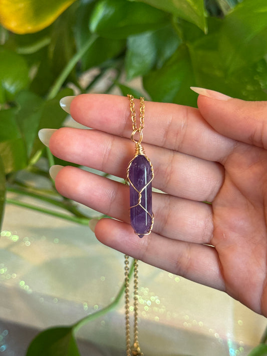 Amethyst Gold Wire Wrapped Necklace