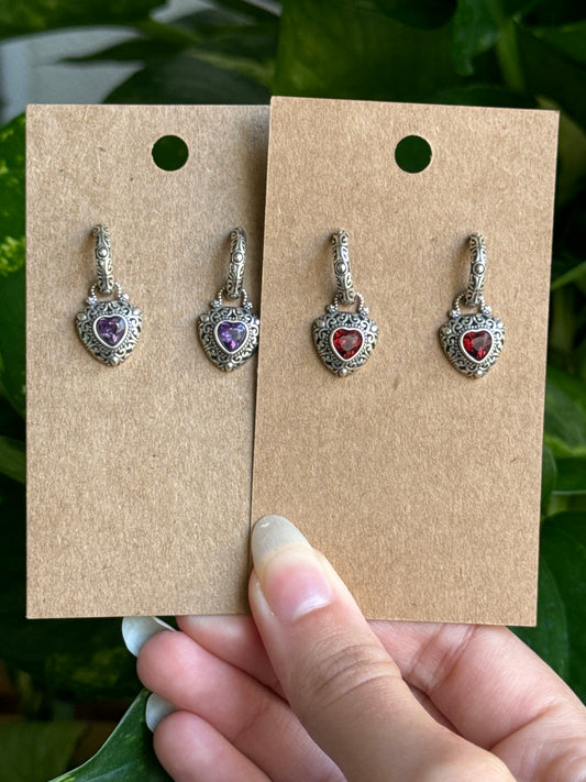 Amethyst & Garnet Vintage Styled Heart 925 Sterling Silver Earrings Earrings