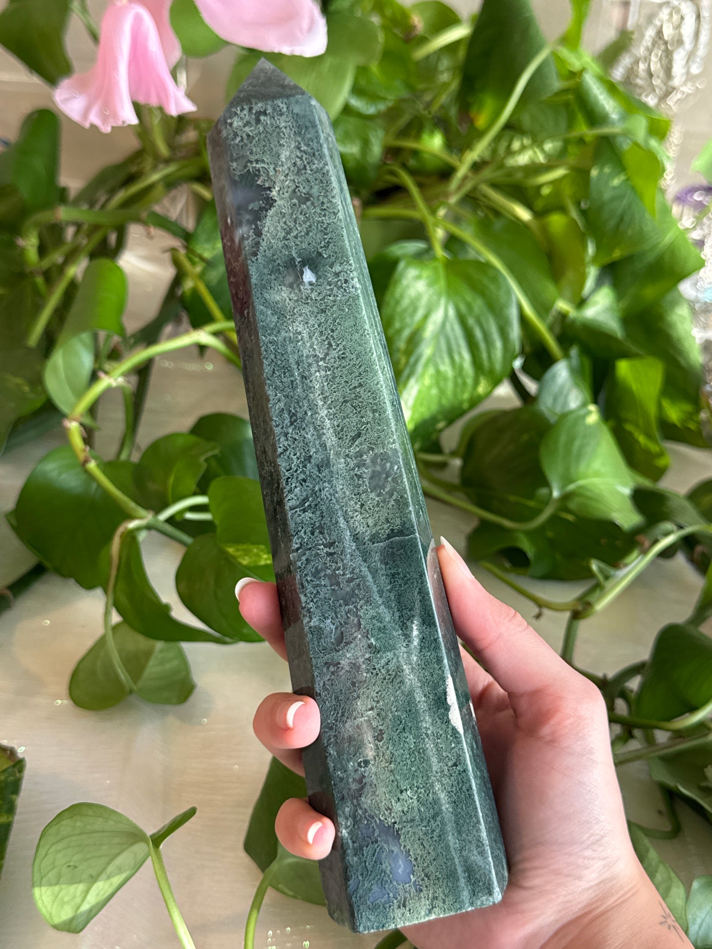 Large Moody Moss Agate Tower