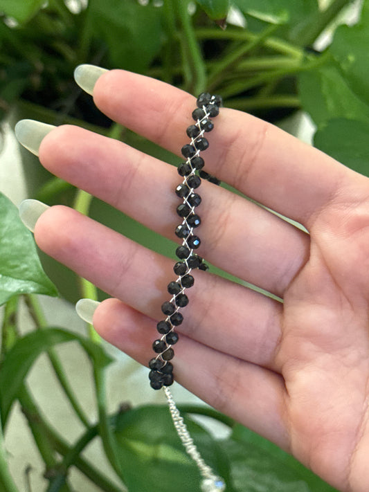 Obsidian Dainty Braided Adjustable Silver Bracelet