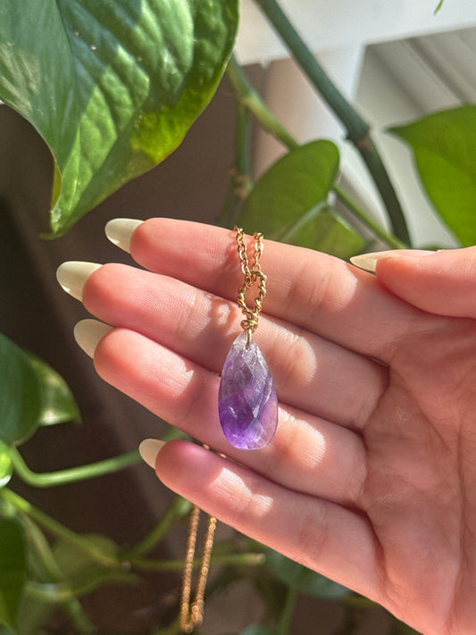 Phantom Amethydt Gold Wire Wrapped Faceted Teardrop Necklace