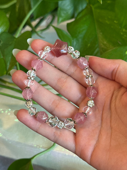 Strawberry Quartz and Faceted Clear Quartz Star Bracelet