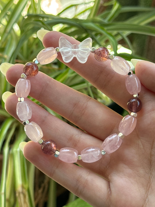 Rose Quartz & Strawberry Quartz & Clear Quartz Butterfly Bracelet