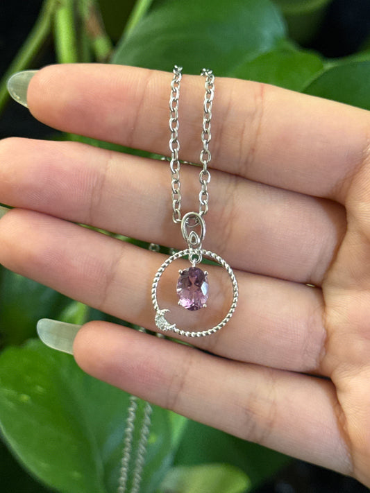 Amethyst Halo Moon 925 Sterling Silver Necklace