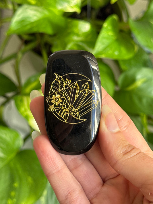 Obsidian Palmstone - Gold Crescent Moon