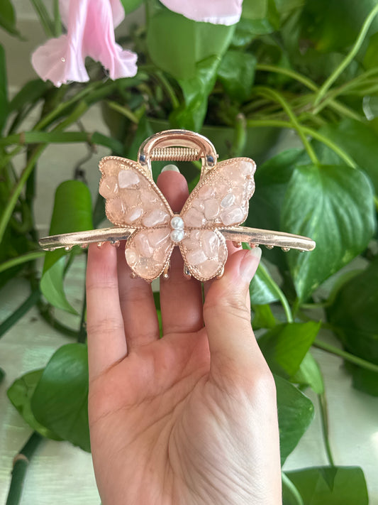 Rose Gold Rose Quartz Butterfly Hair Clip