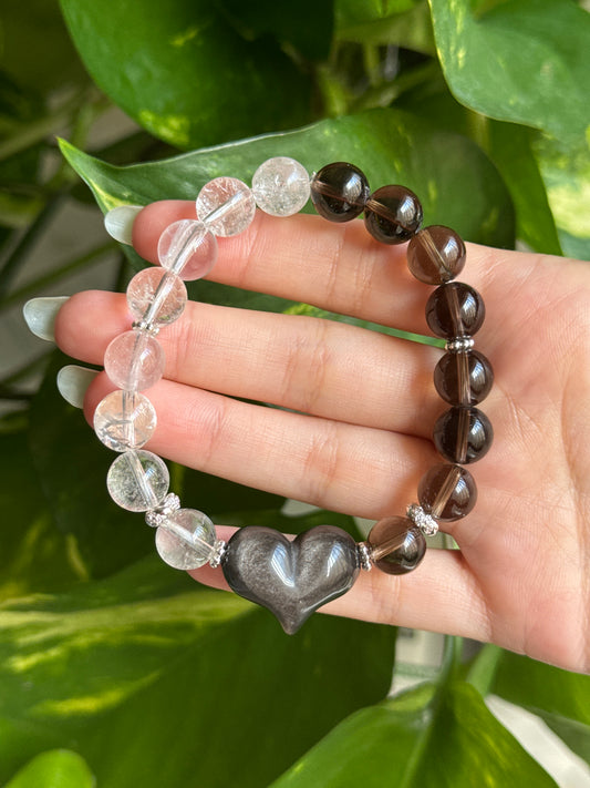 Smoky & Clear Quartz & Silver Sheen Obsidian Heart Bracelet