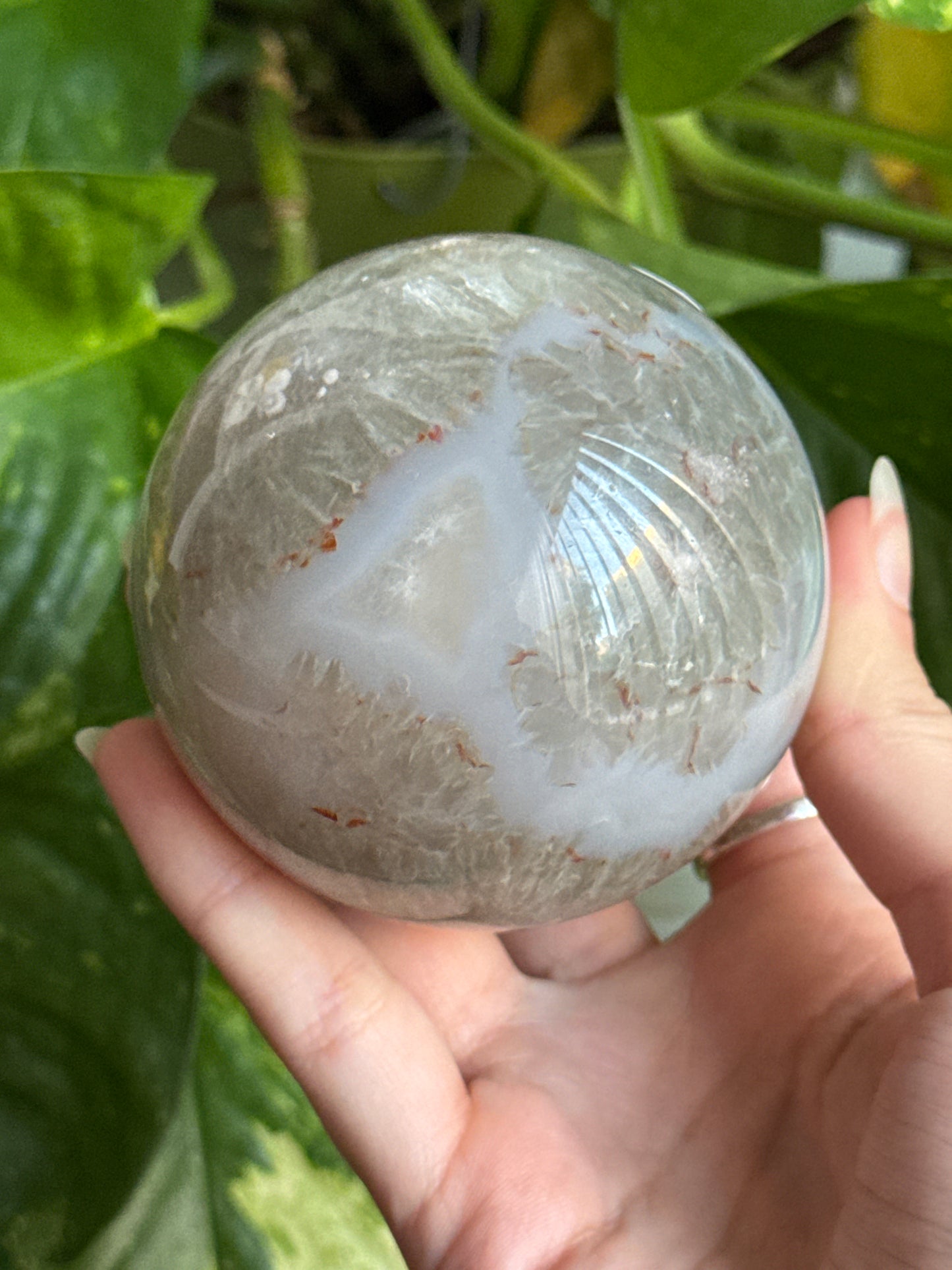 Prasiolite & Flower Agate & Blue Chalcedony Sphere 70mm