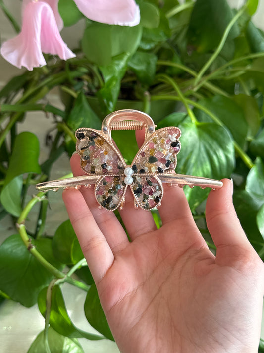 Pink & Green Tourmaline Rose Gold Butterfly Hair Clip
