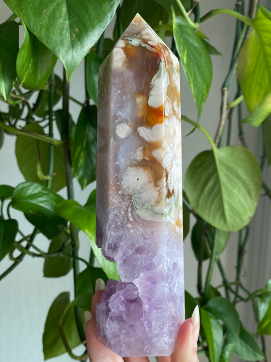 Unique Anethyst, Pink Amethyst, Flower Agate, and Carnelian Druzy Tower