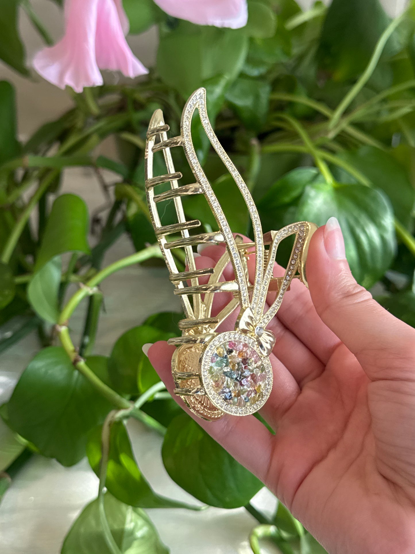 Pink & Green Tourmaline Gold Bunny Hair Clip