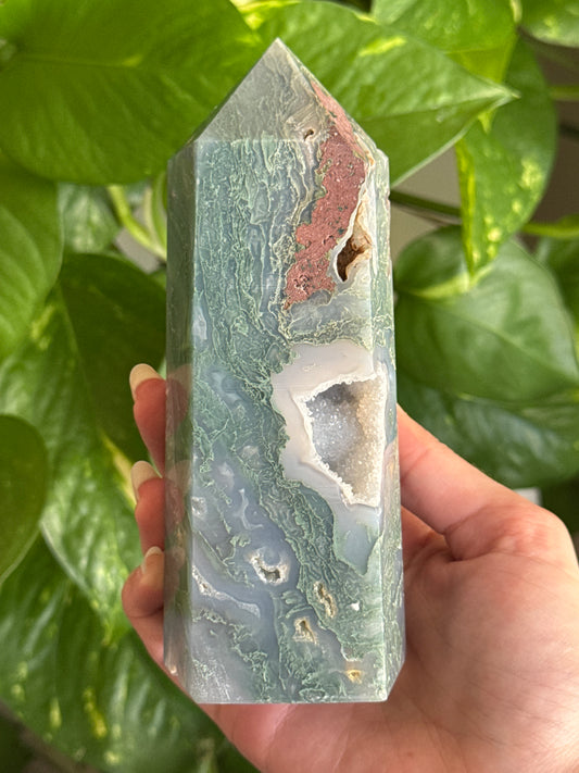 High Grade Druzy Moss Agate Tower