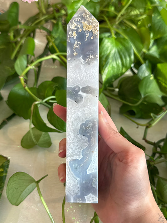 Moss Agate & Blue Chalcedony & Quartz Dreamy Druzy Tower