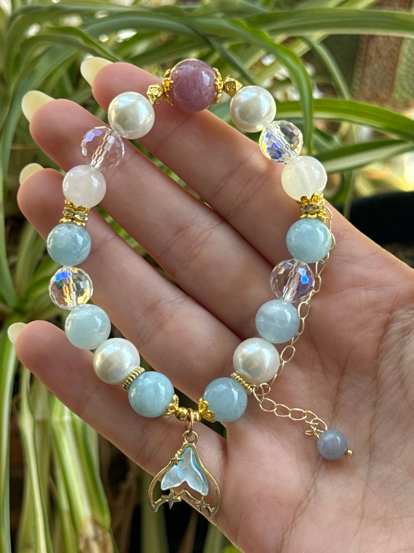 Aquamarine& Pearl & Lavender Rose Quartz Mermaid Bracelet