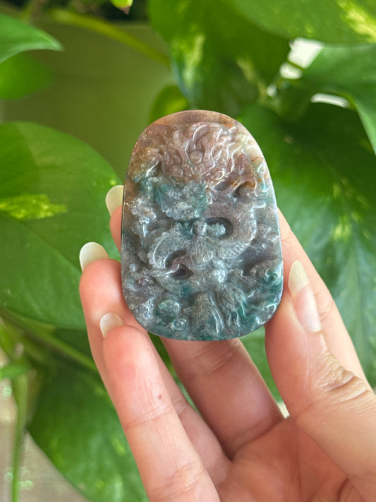 Hand Carved Detailed Ocean Jasper Dragon Flat Stone