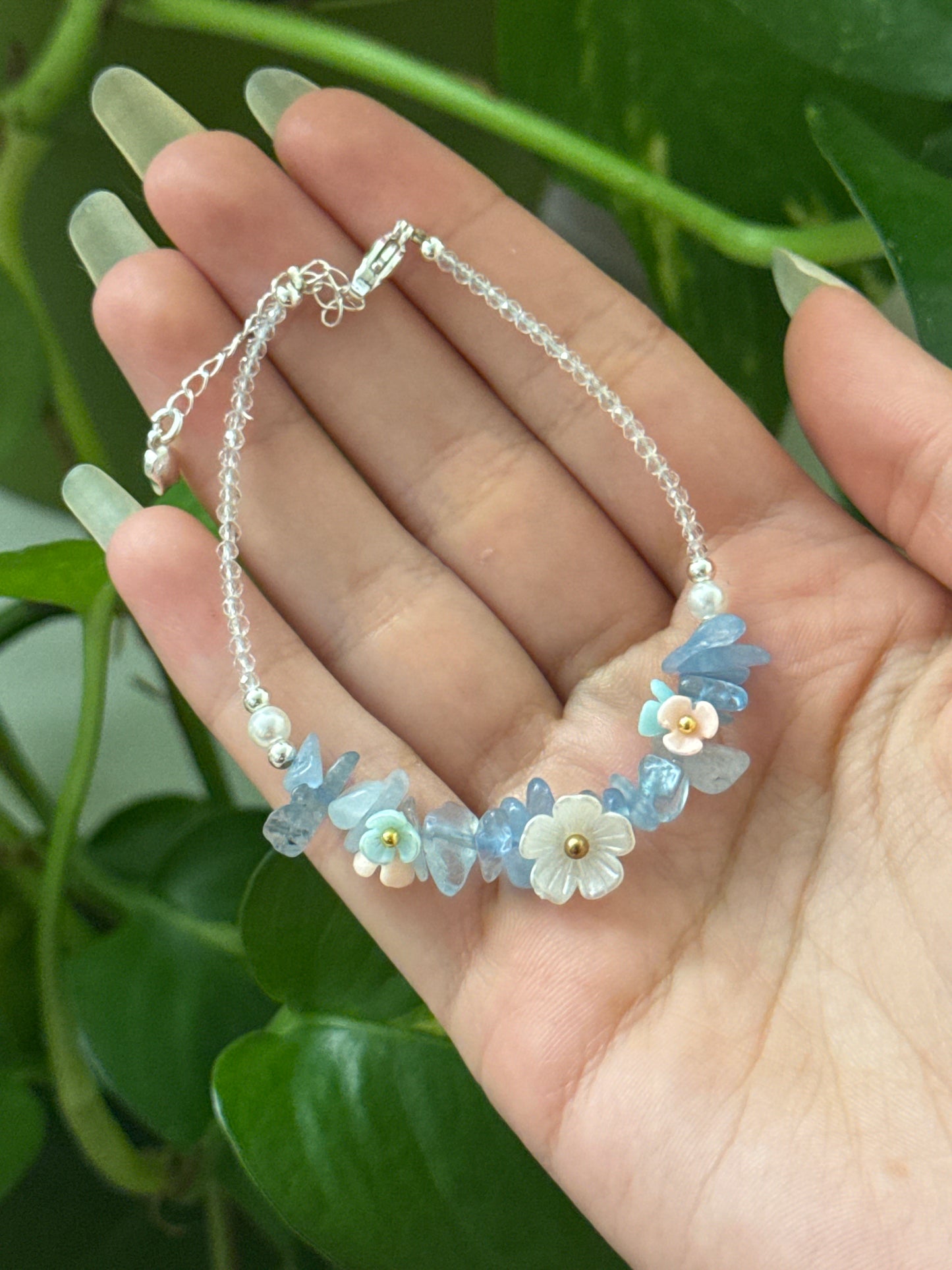 Aquamarine Chip Flower Adjustable Bracelet