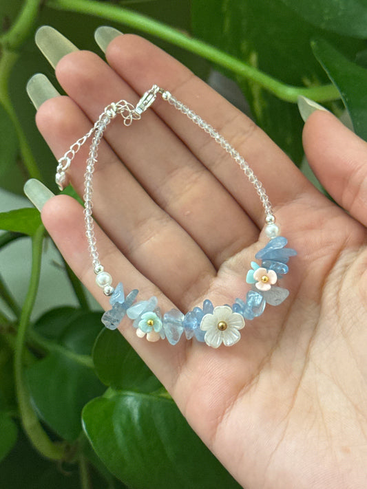 Aquamarine Chip Flower Adjustable Bracelet