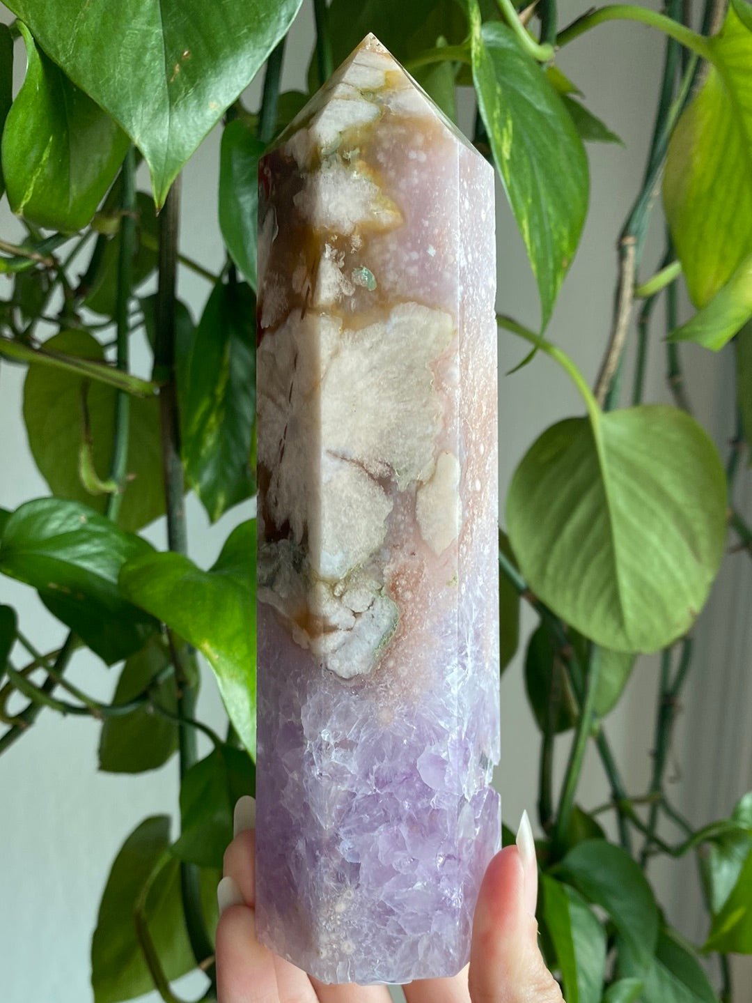 Unique Anethyst, Pink Amethyst, Flower Agate, and Carnelian Druzy Tower