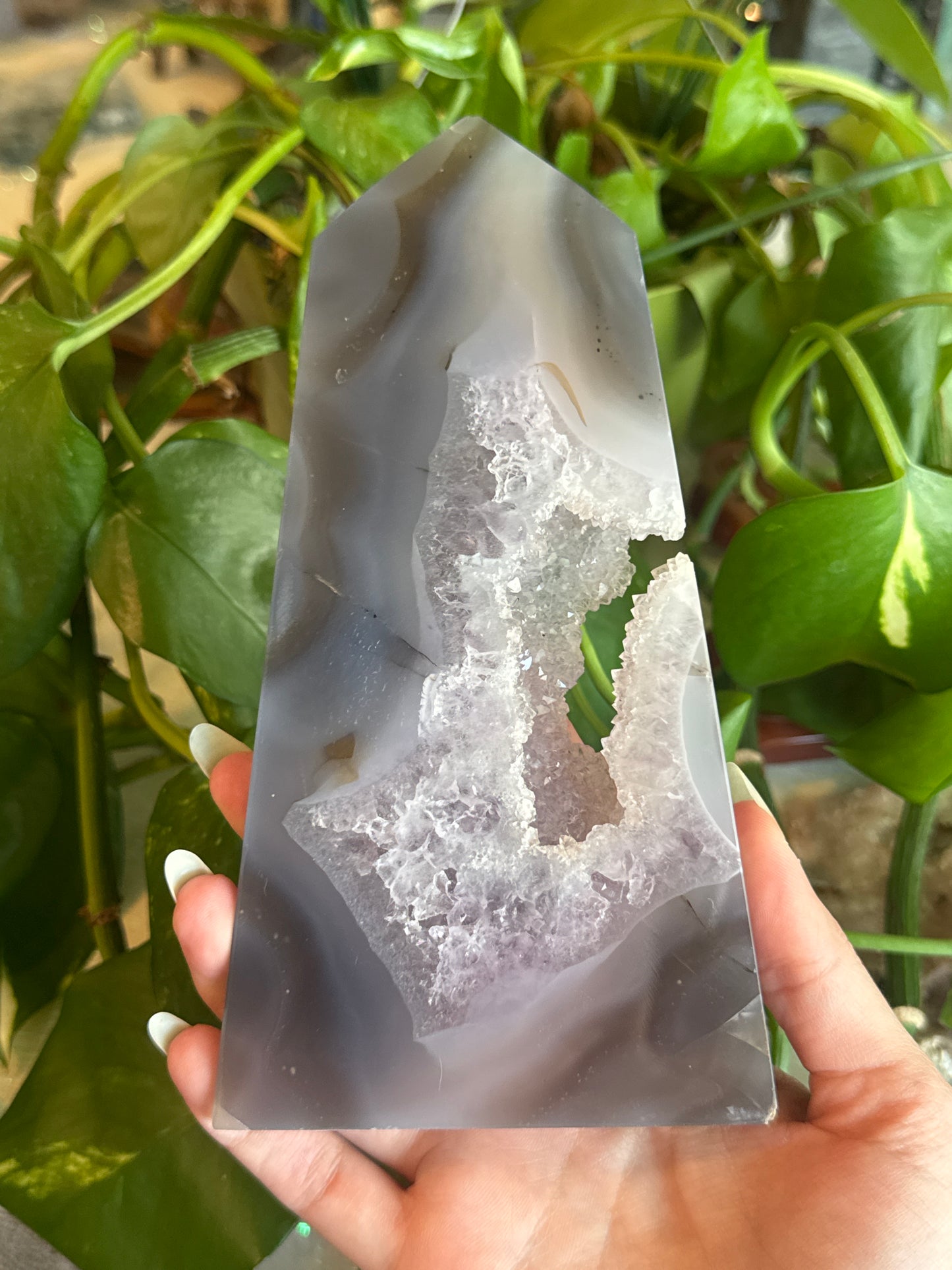Moody Agate & Amethyst Wide Druzy Tower