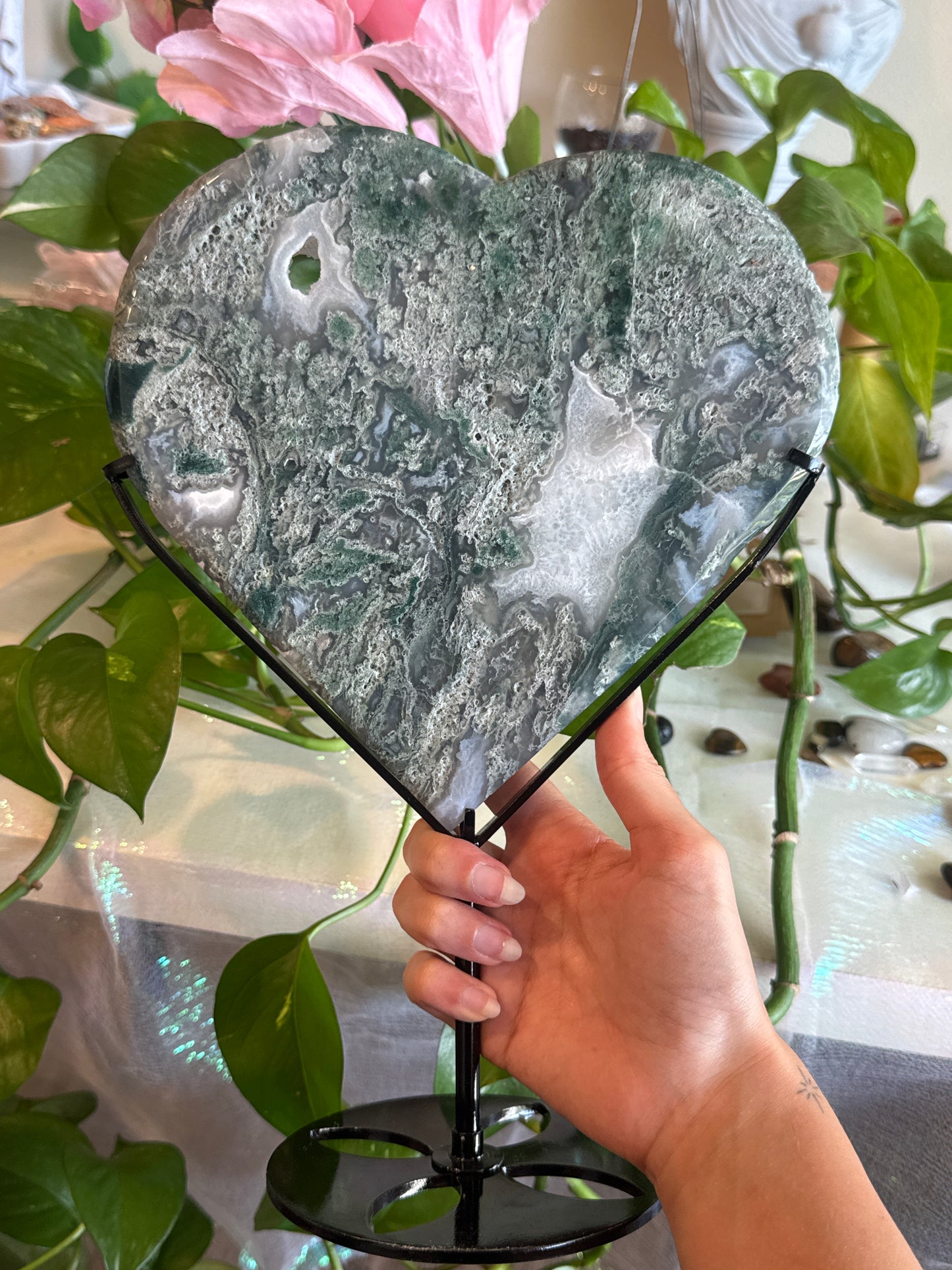 XL Druzy Moss Agate Standing Heart Statement Piece