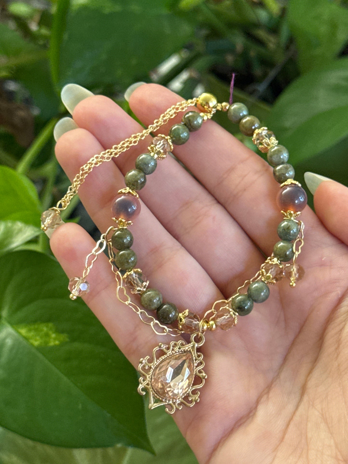 Dark Jade Charm Bracelet Adjustable Gold