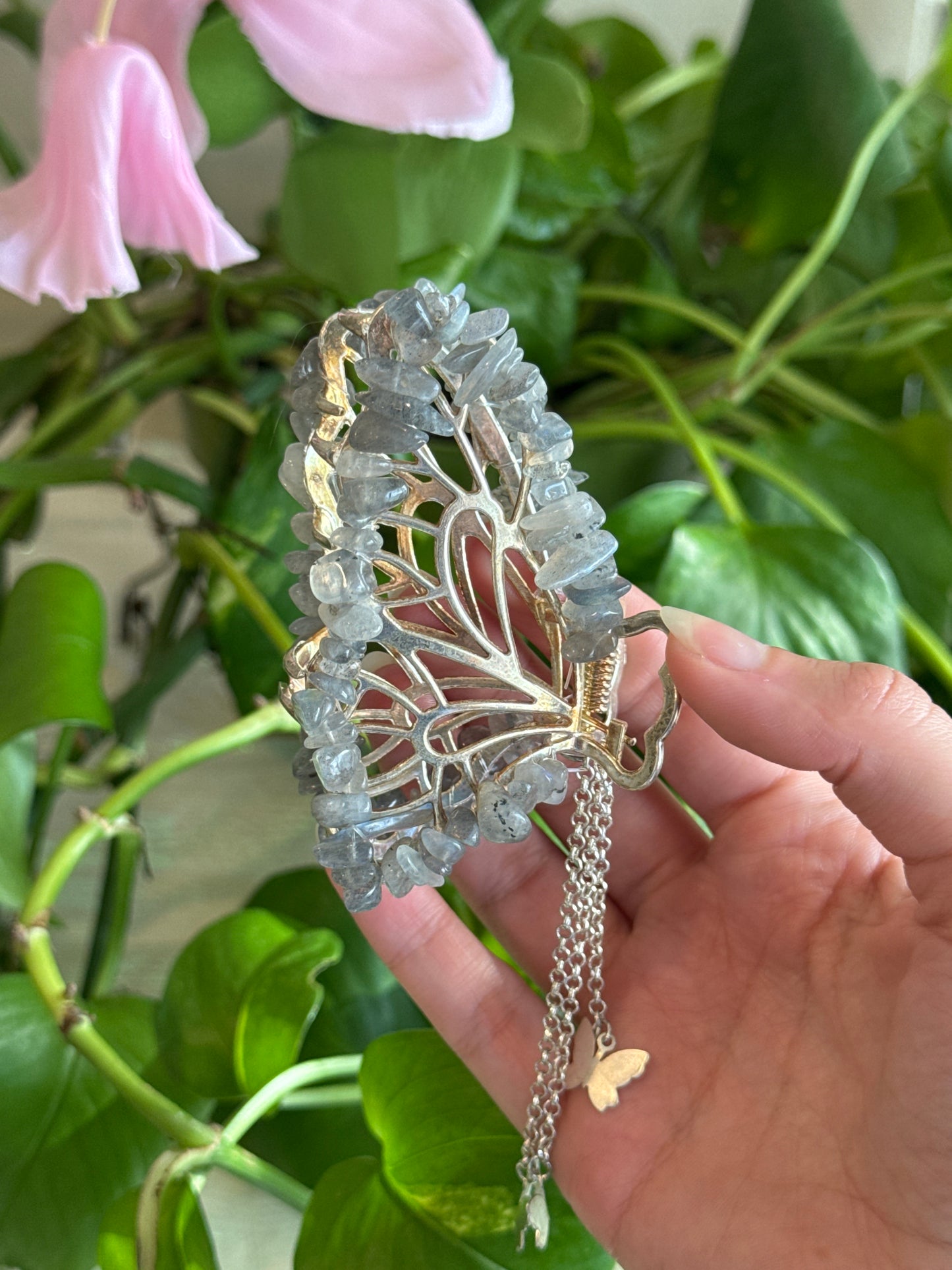 Labradorite Silver Butterfly Hair Claw Clip