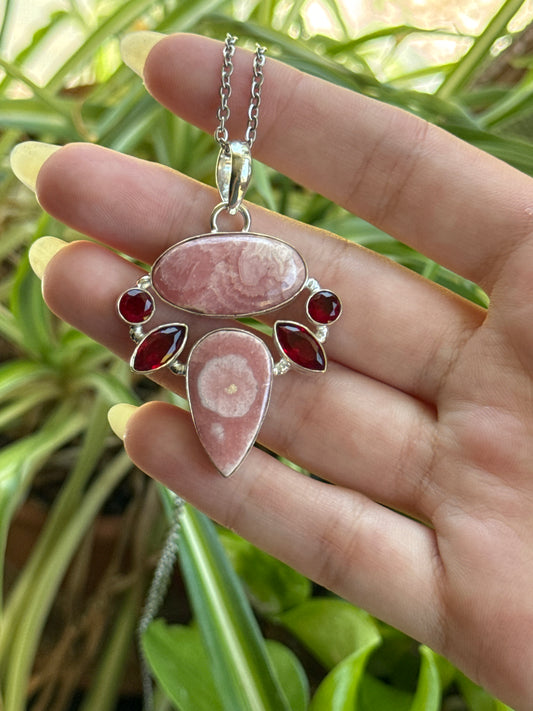 Statement Rhodochrosite & Garnet Shell 925 Sterling Silver Necklace | You Pick