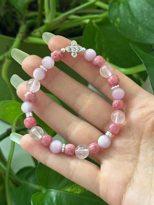 Sakura Rhodonite, Cats Eye Kunzite, & Rose Quartz Bracelet