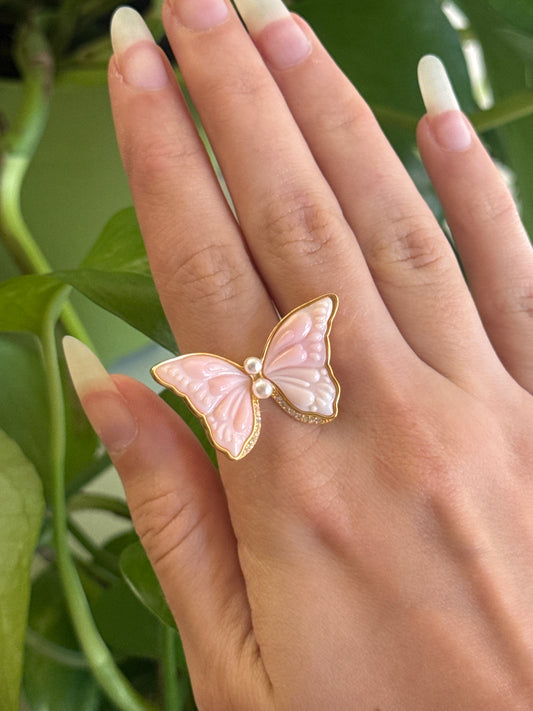 Pink Queen Conch Shell Butterfly Statement 925 Gold Vermeil Adjustable Ring