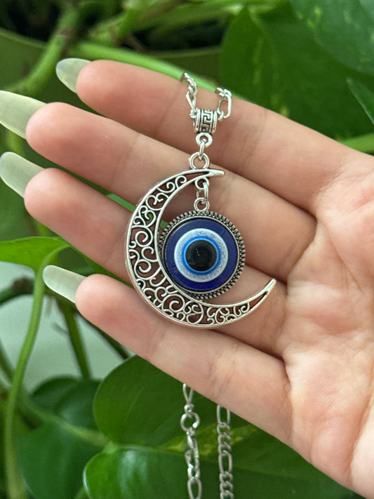 Evil Eye Crescent Moon Silver Necklace