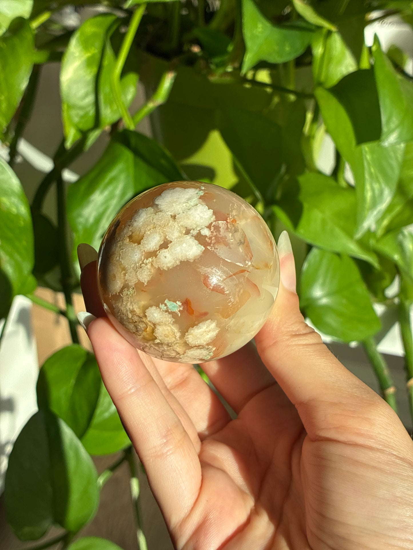 Beautiful Peachy & Green Flower Agate Sphere with Carnelian Inclusions