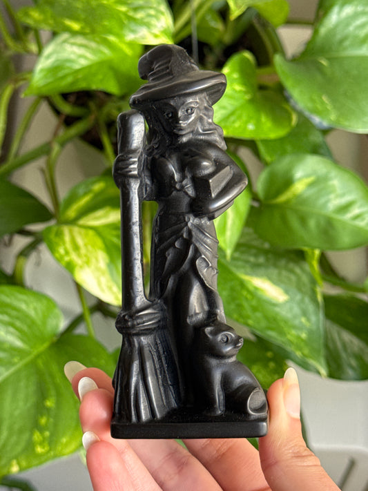 Obsidian Witch & Broom Statue