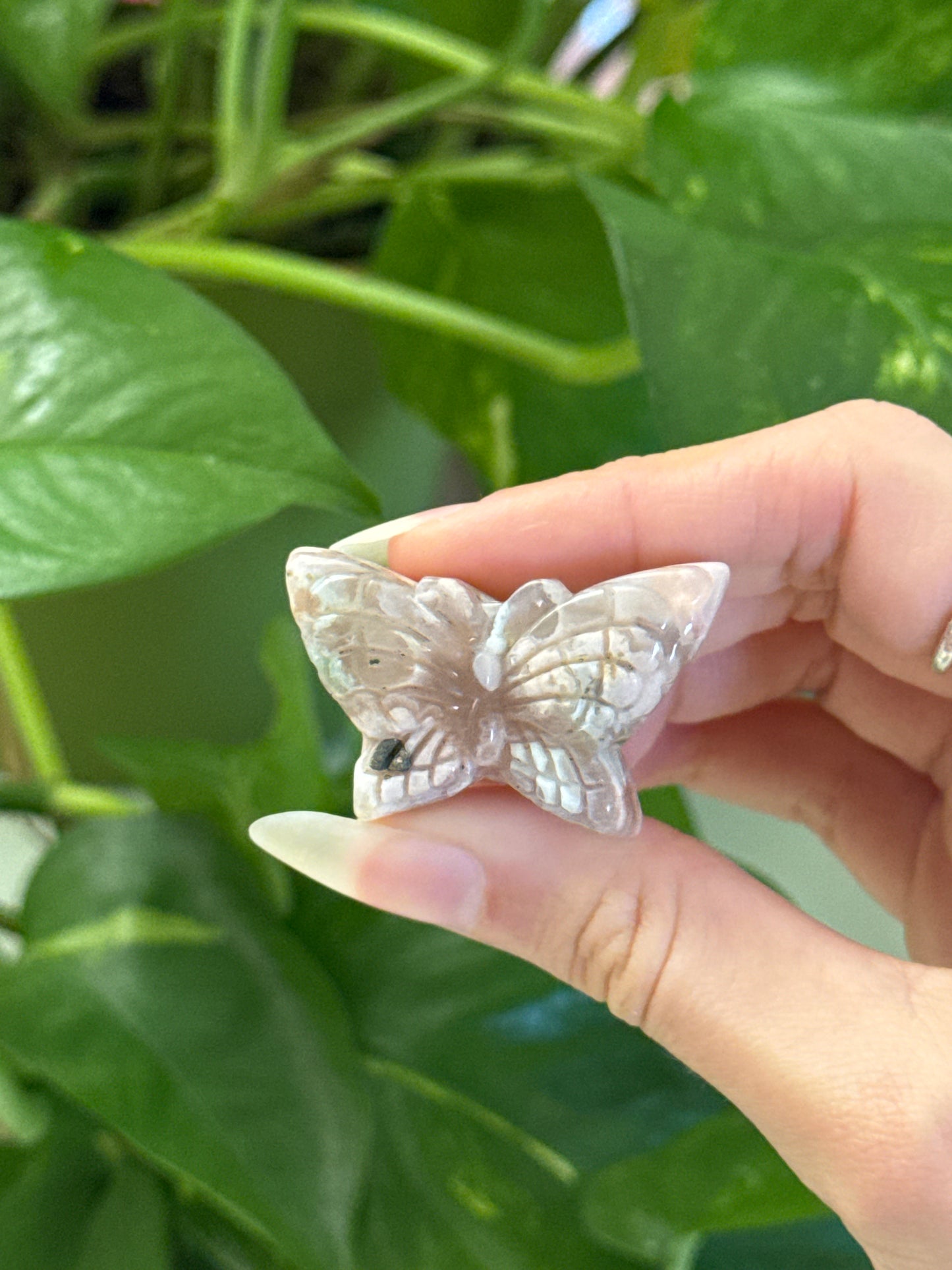 Pink & Green Flower Agate Butterfly Carving