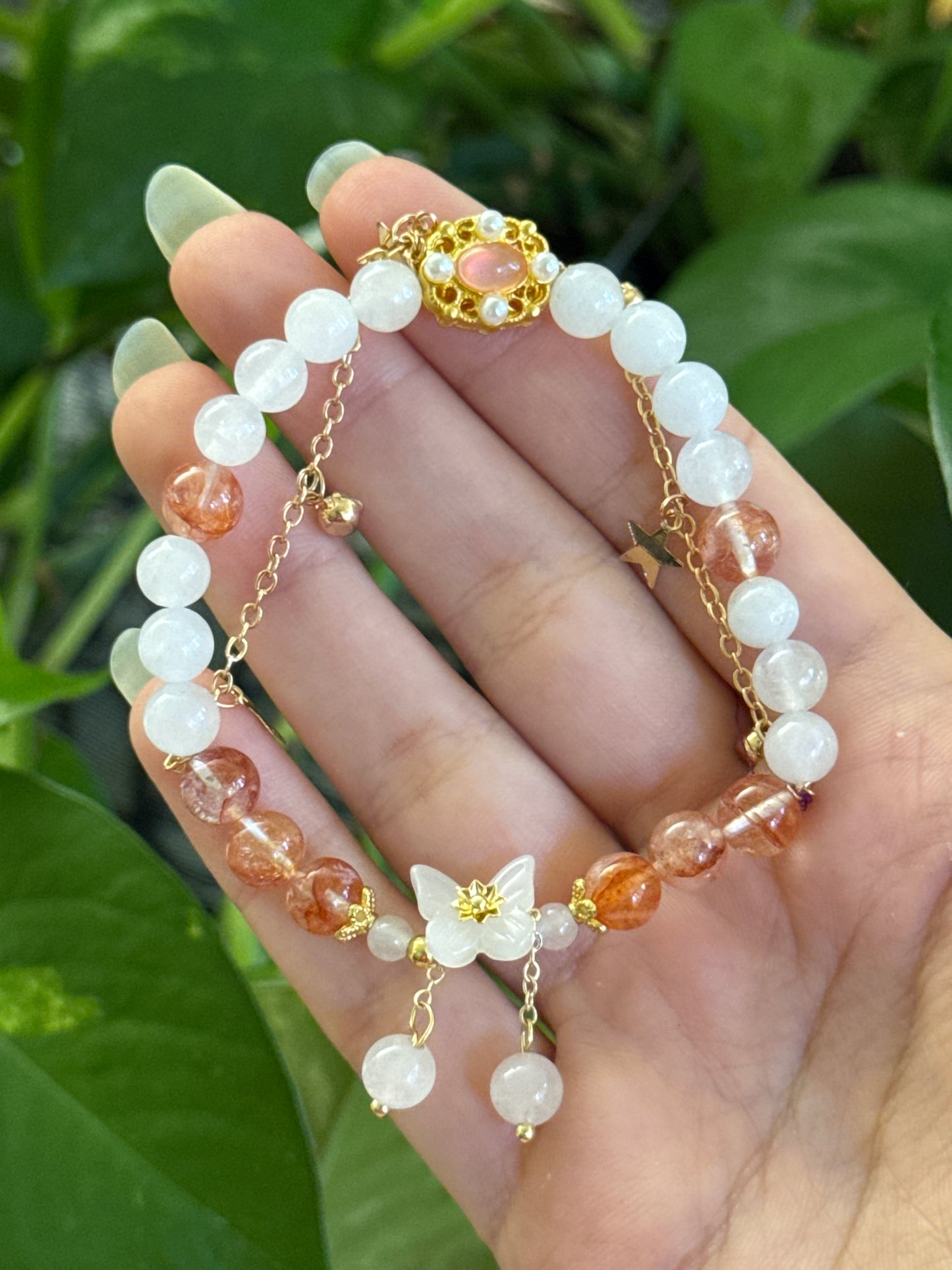 Fire Quartz & Quartz Butterfly Charm Bracelet
