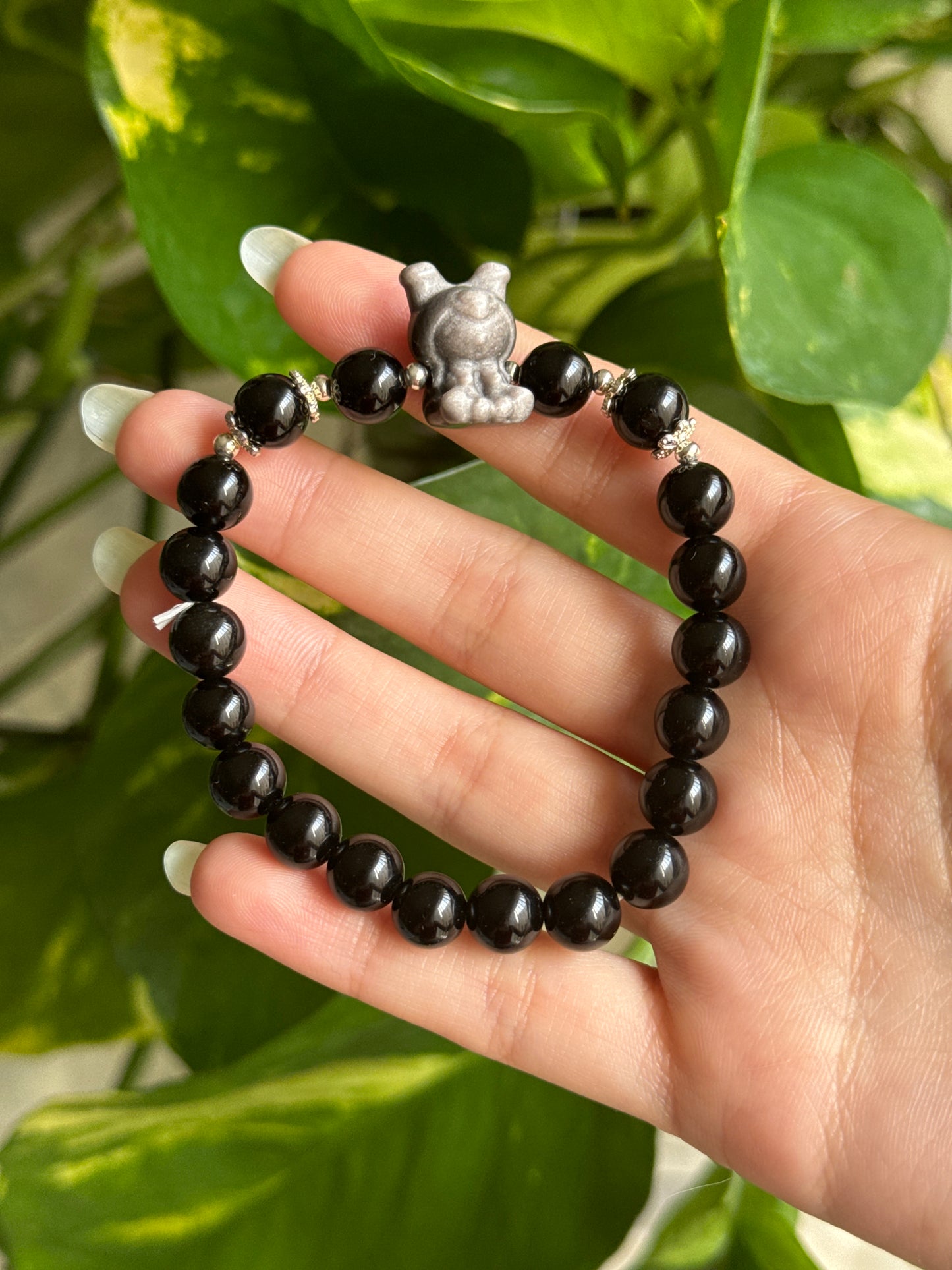 Kuromi Silver Sheen Obsidian & Obsidian Bracelet