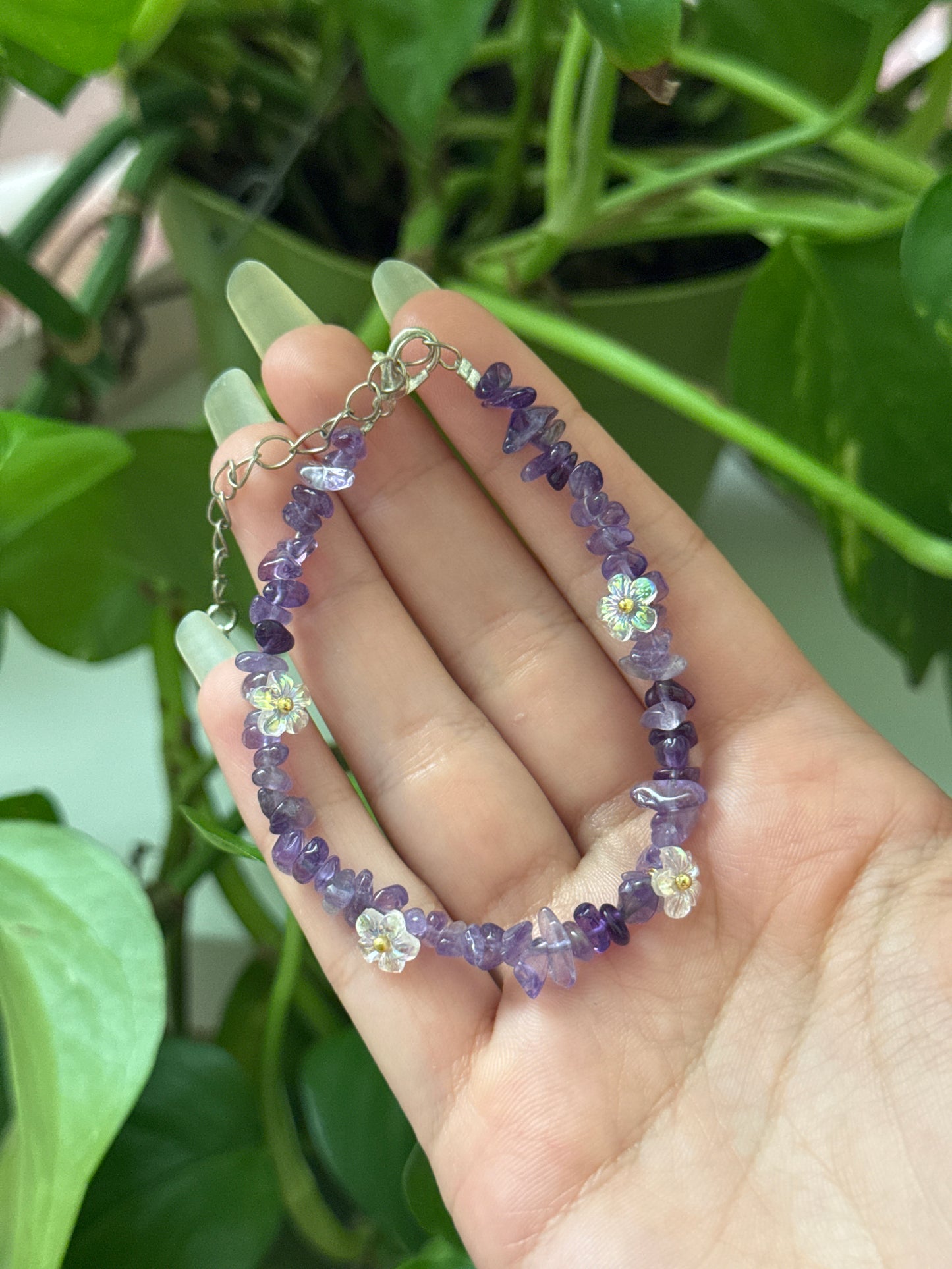 Amethyst Chip Flower Adjustable Bracelet