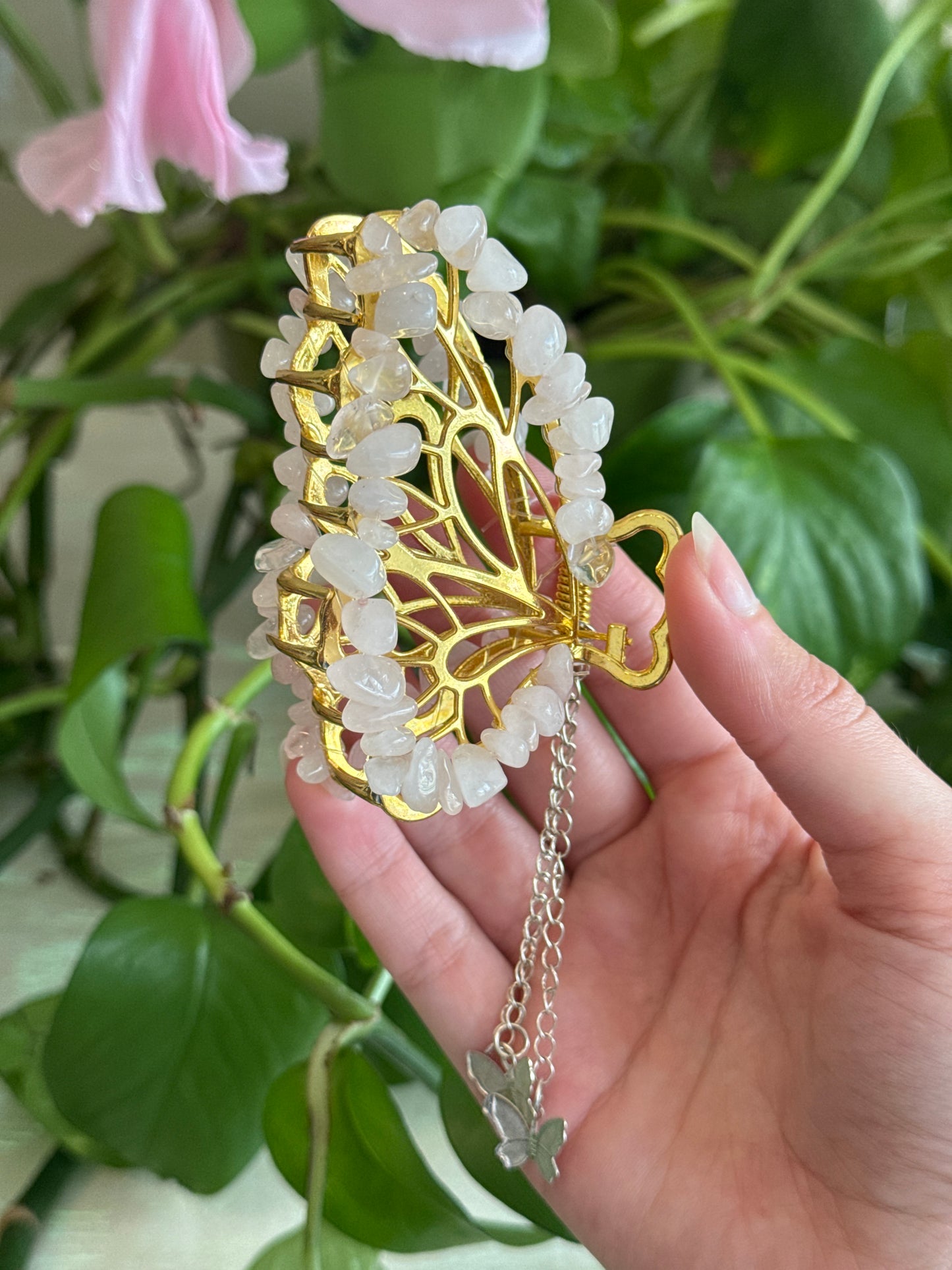 Rose Quartz Gold Butterfly Hair Clip