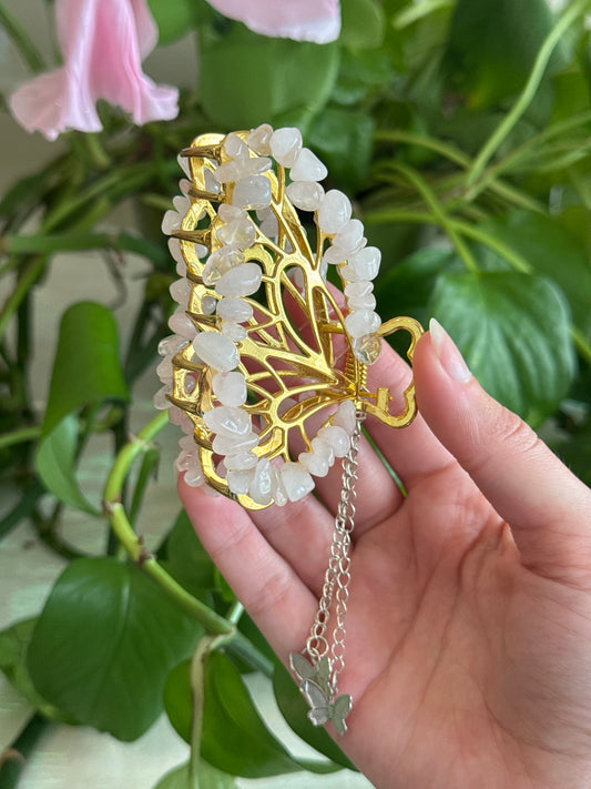 Rose Quartz Gold Butterfly Hair Clip