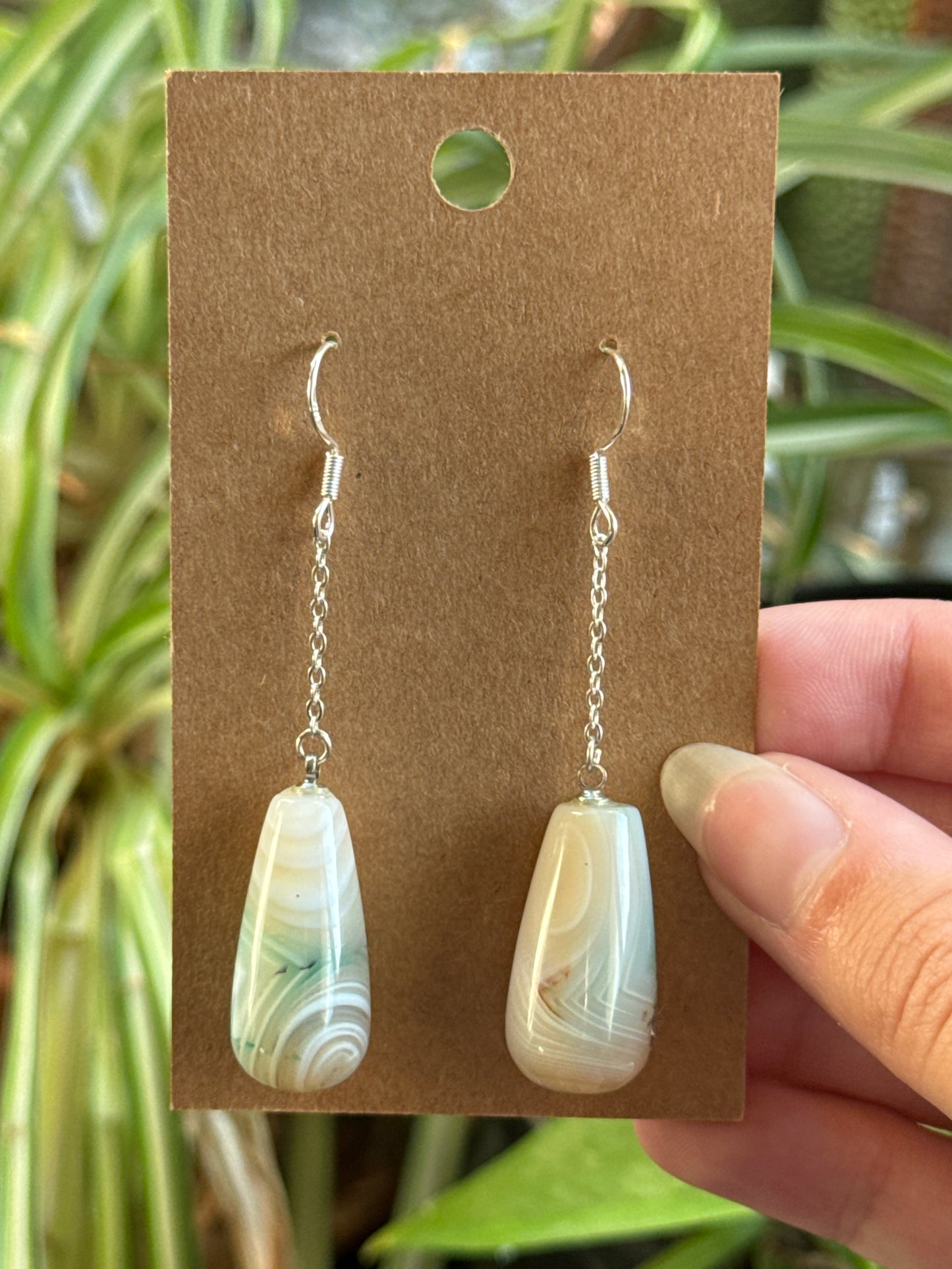 Banded Green Flower Agate Earrings