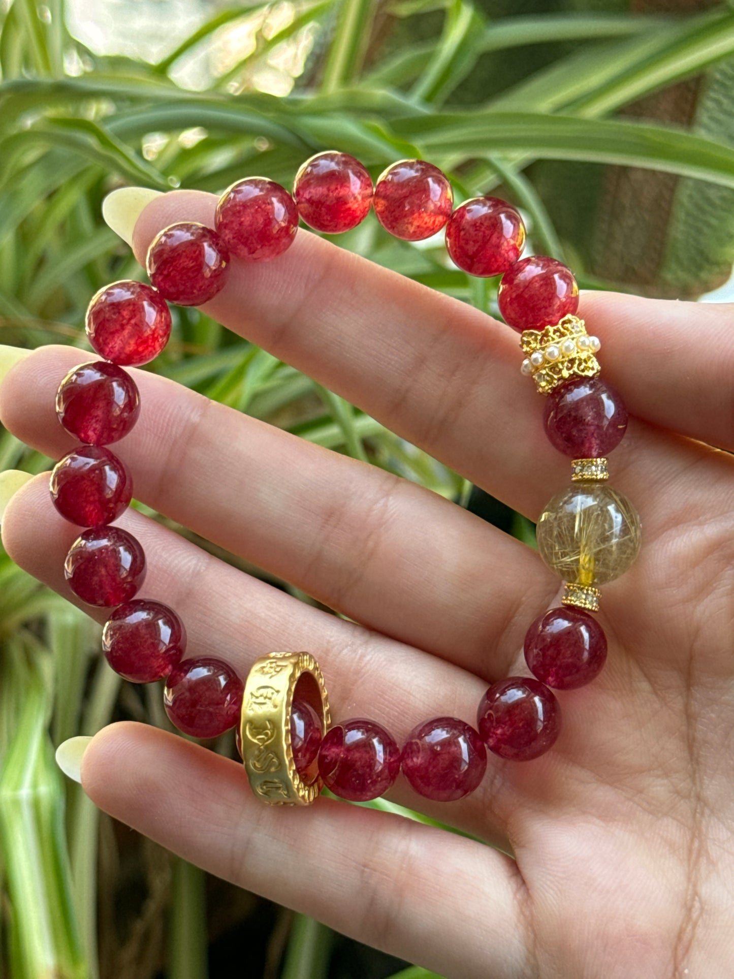 High Grade Strawberry Quartz & Gold Rutile Bracelet