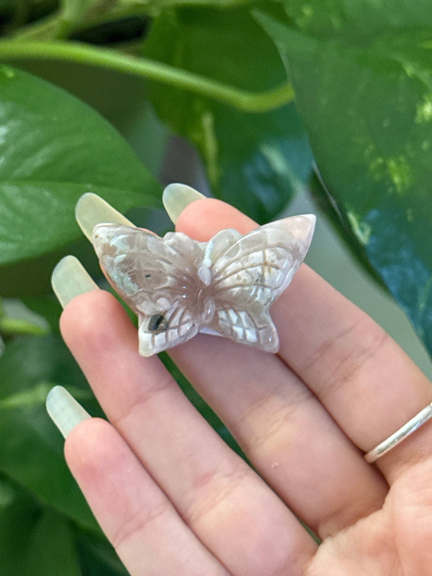 Pink & Green Flower Agate Butterfly Carving