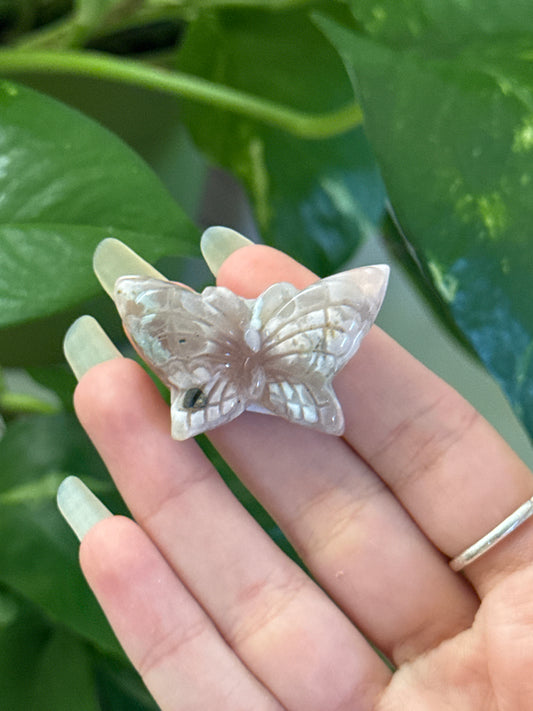 Pink & Green Flower Agate Butterfly Carving