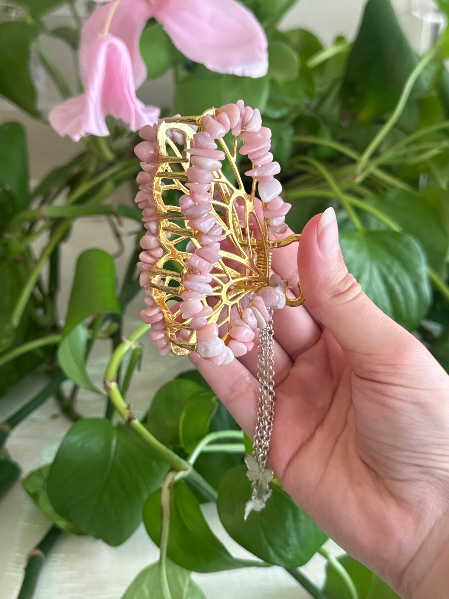 Pink Opal Gold Butterfly Claw Clip