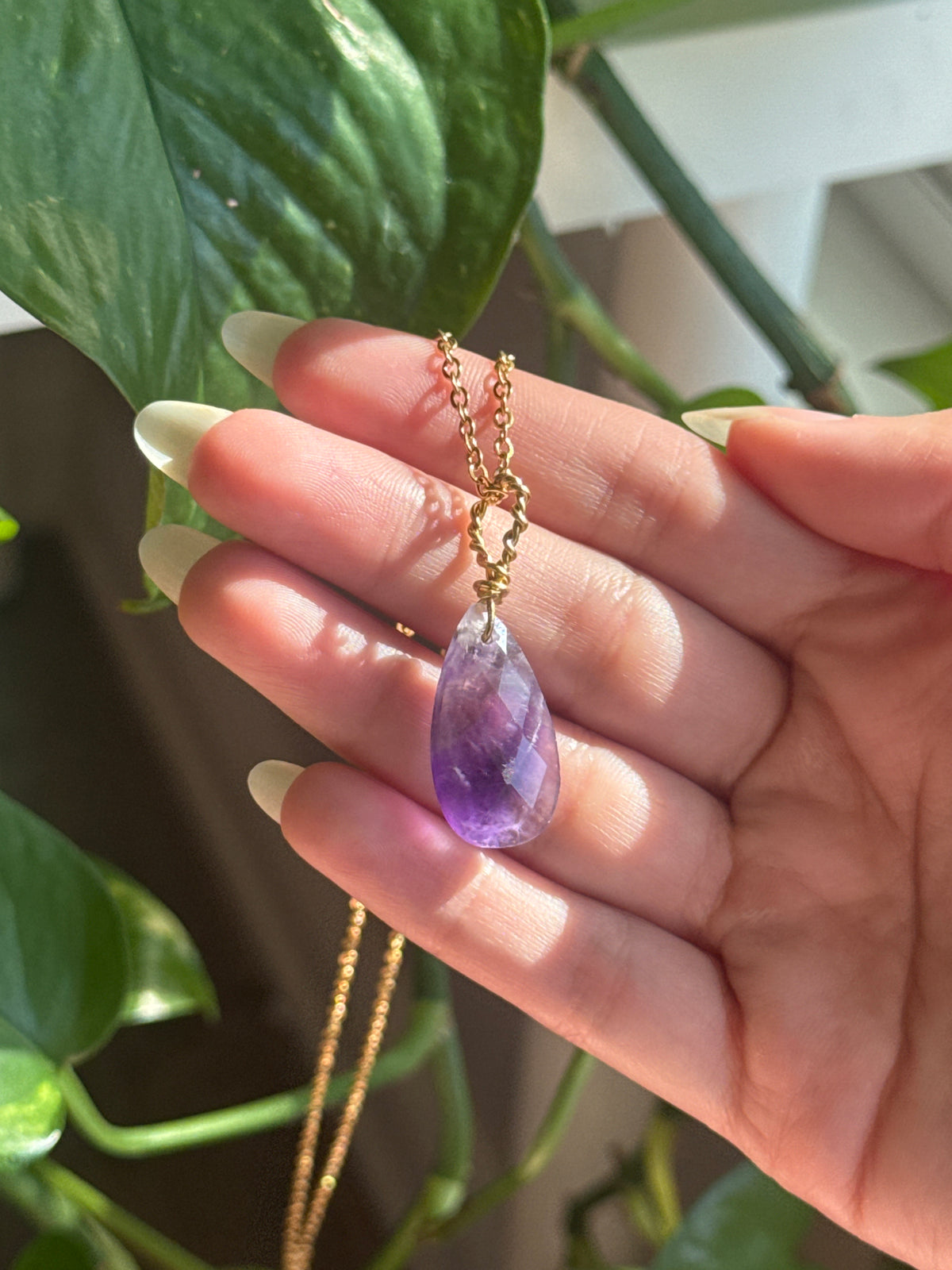 Phantom Amethydt Gold Wire Wrapped Faceted Teardrop Necklace
