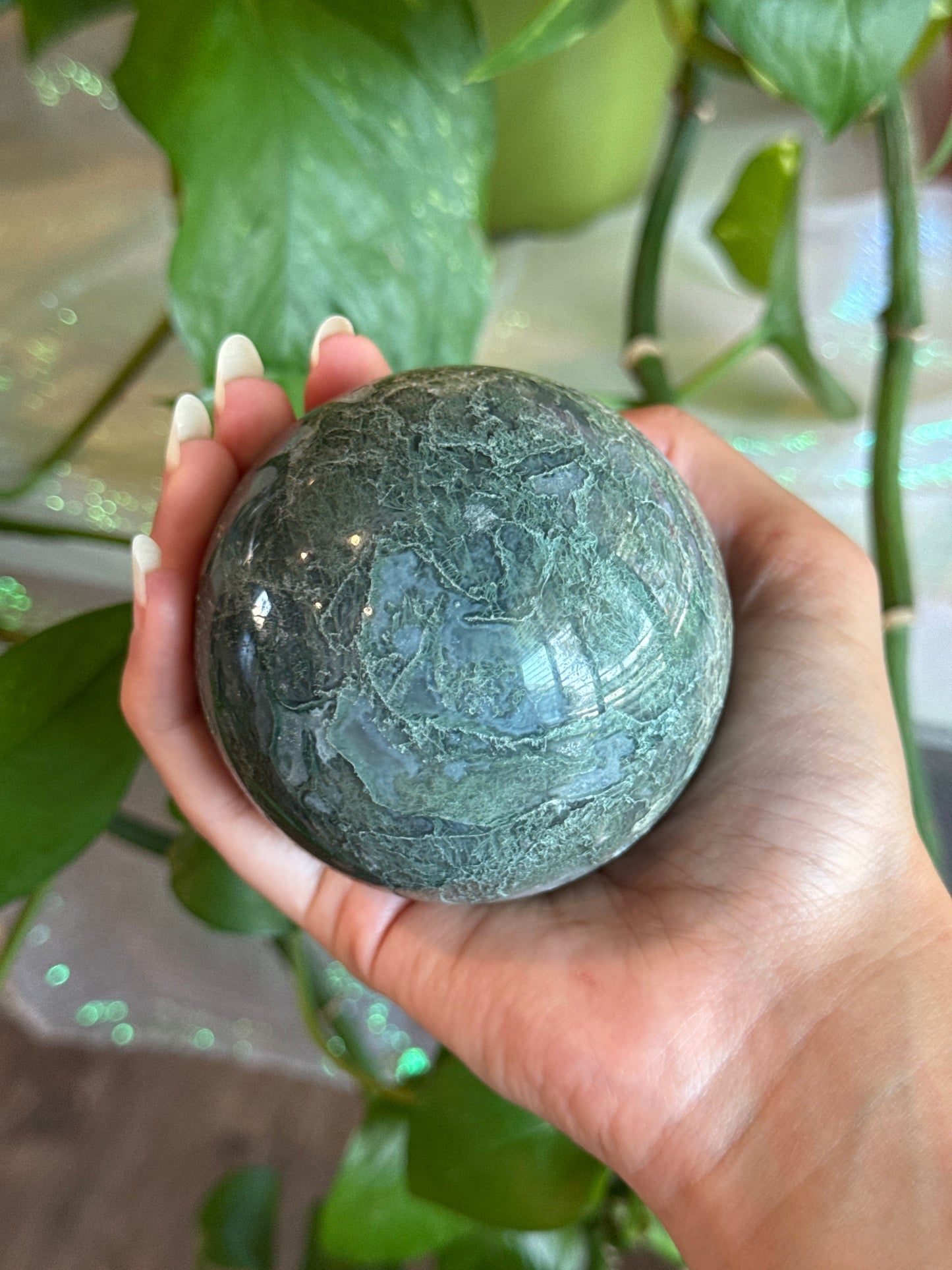 Moody Color Split Moss Agate Sphere