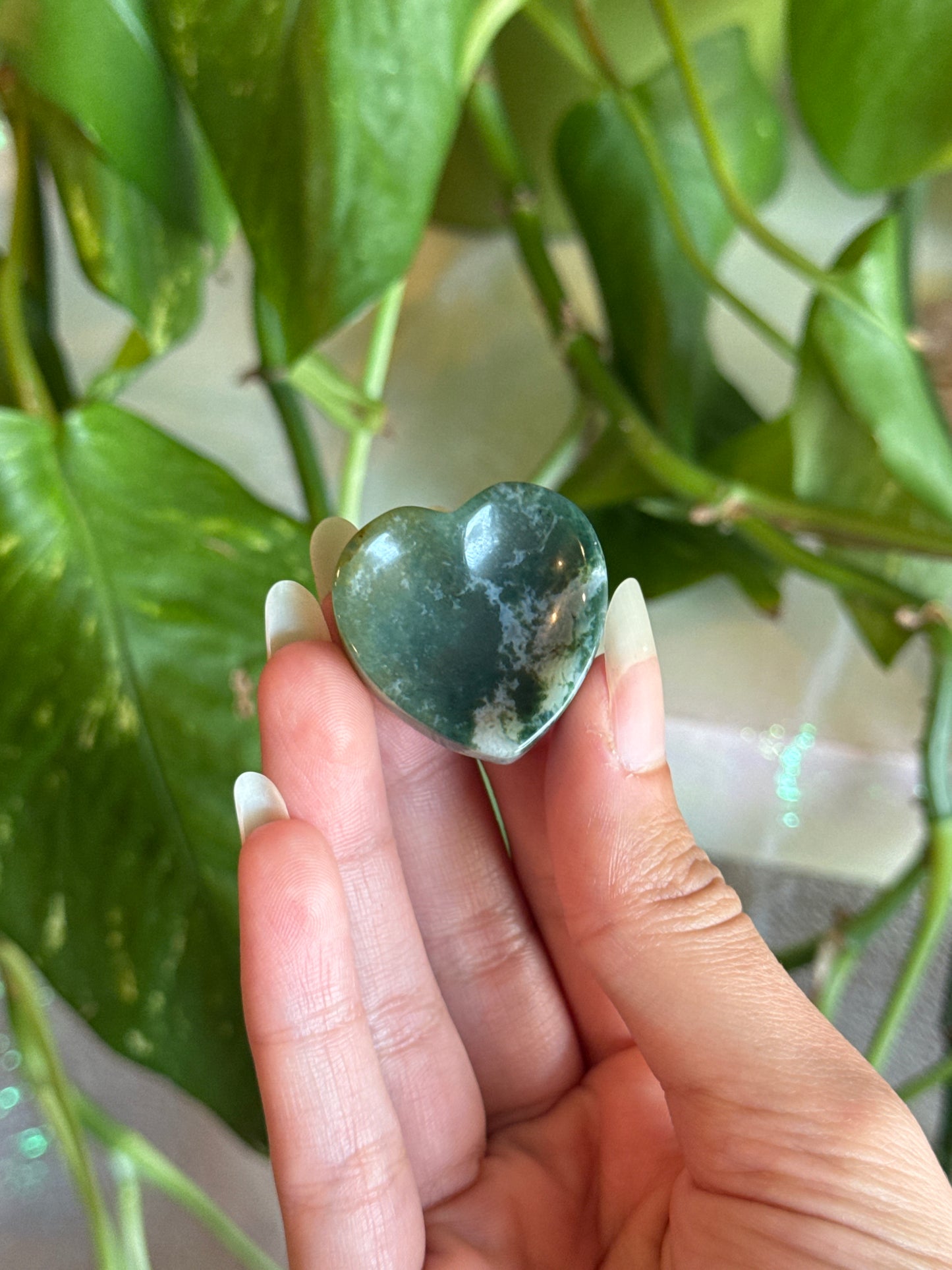 Moss Agate Heart Worry Stone Carving