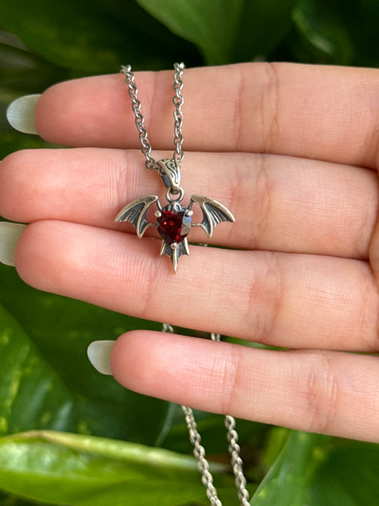 Garnet Bat 925 Sterling Silver Necklace