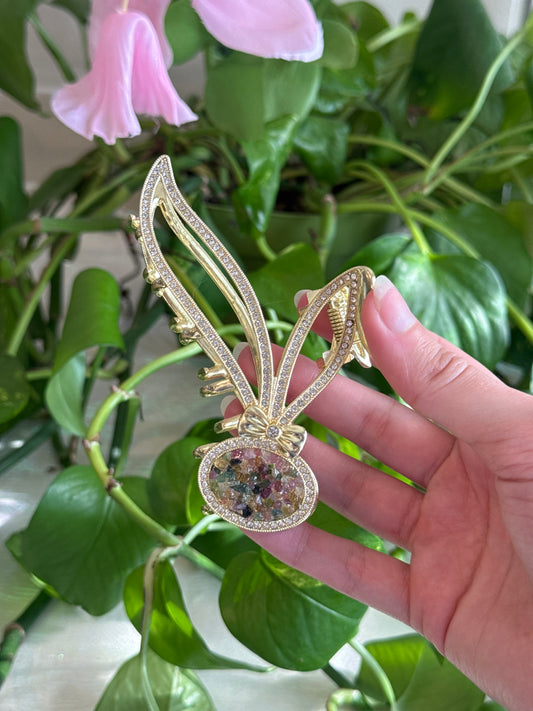 Pink & Green Tourmaline Gold Bunny Hair Clip