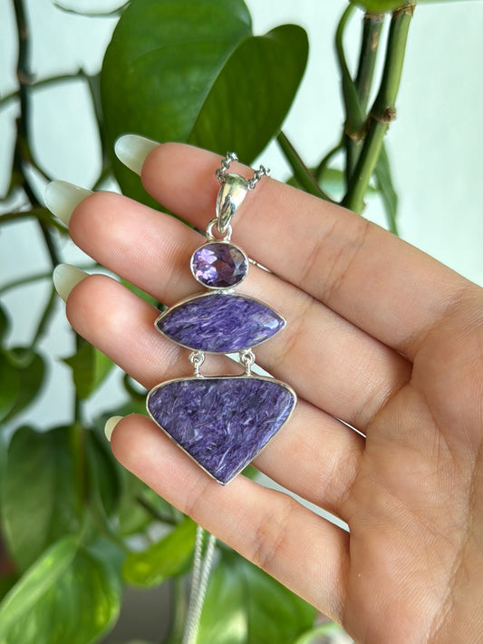 Charoite & Amethyst Collectors Statement 925 Sterling Silver Necklace